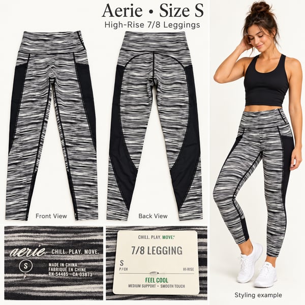NWT Aerie Feel Cool High Rise 7/8 Leggings Small Striped Black Gray Pockets