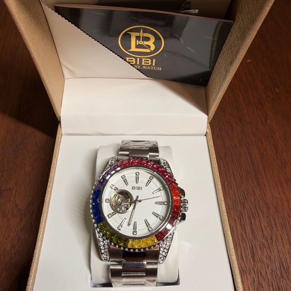 BIBI Automatic Mechanical Watch Rainbow Bezel Silver Steel Open Heart
