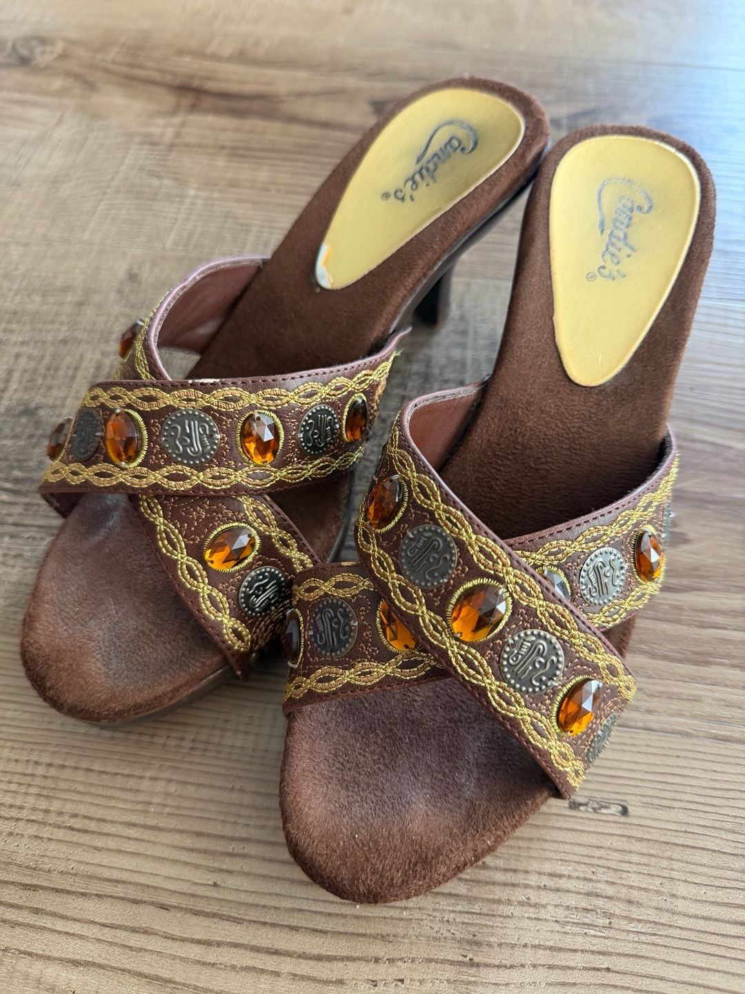 Vintage Candie's Brown Embroidered Jewel Sexy Heels Mules Size 8B 2