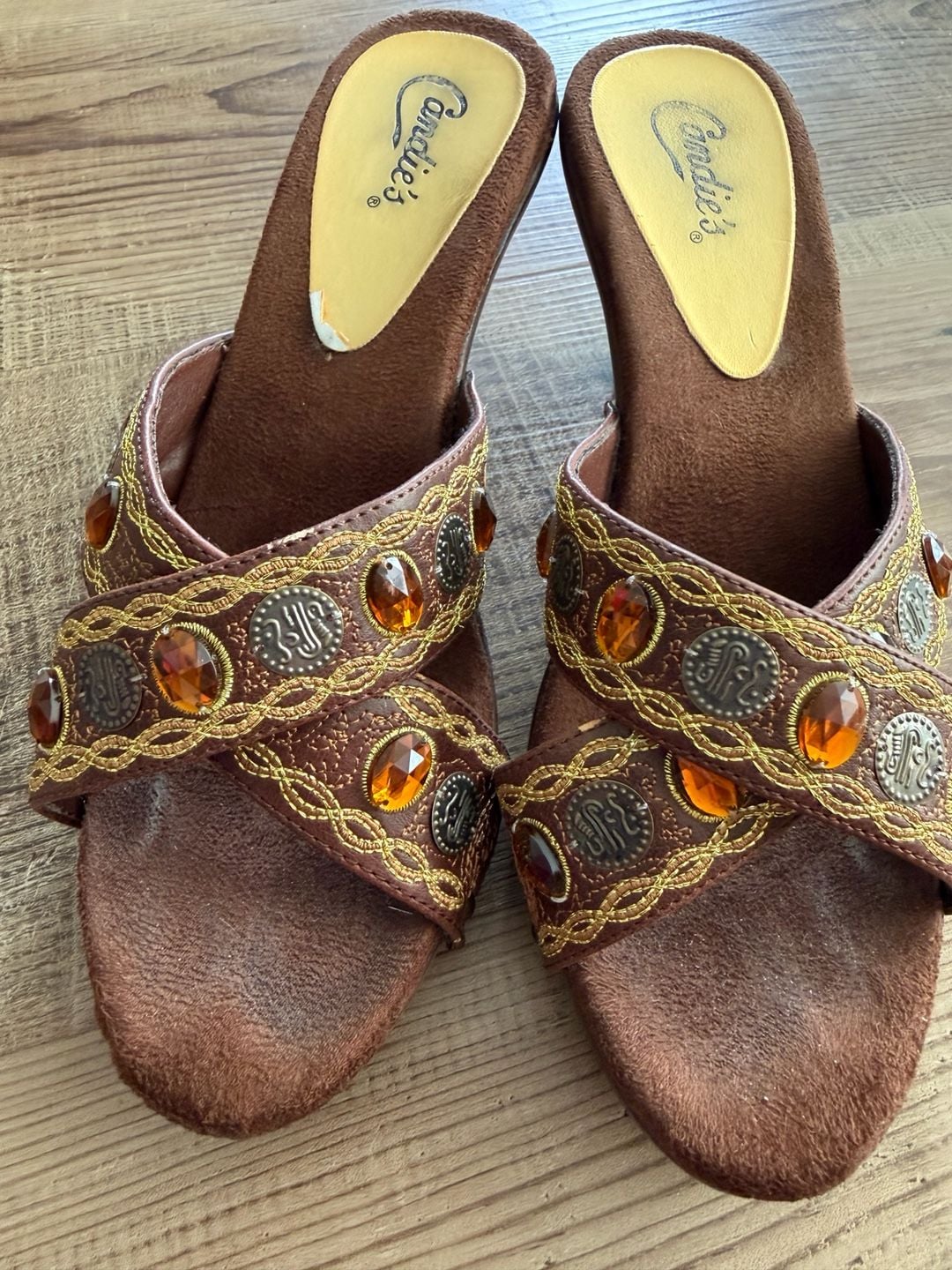 Vintage Candie's Brown Embroidered Jewel Sexy Heels Mules Size 8B 4