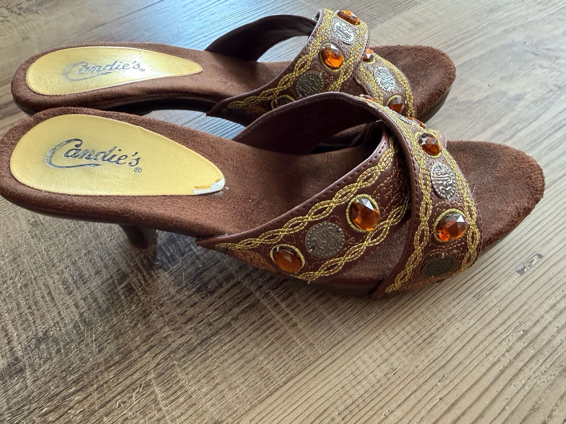 Vintage Candie's Brown Embroidered Jewel Sexy Heels Mules Size 8B 5