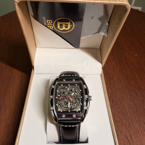 BIBI Luxury Men Automatic Skeleton Tonneau Wristwatch Black Leather
