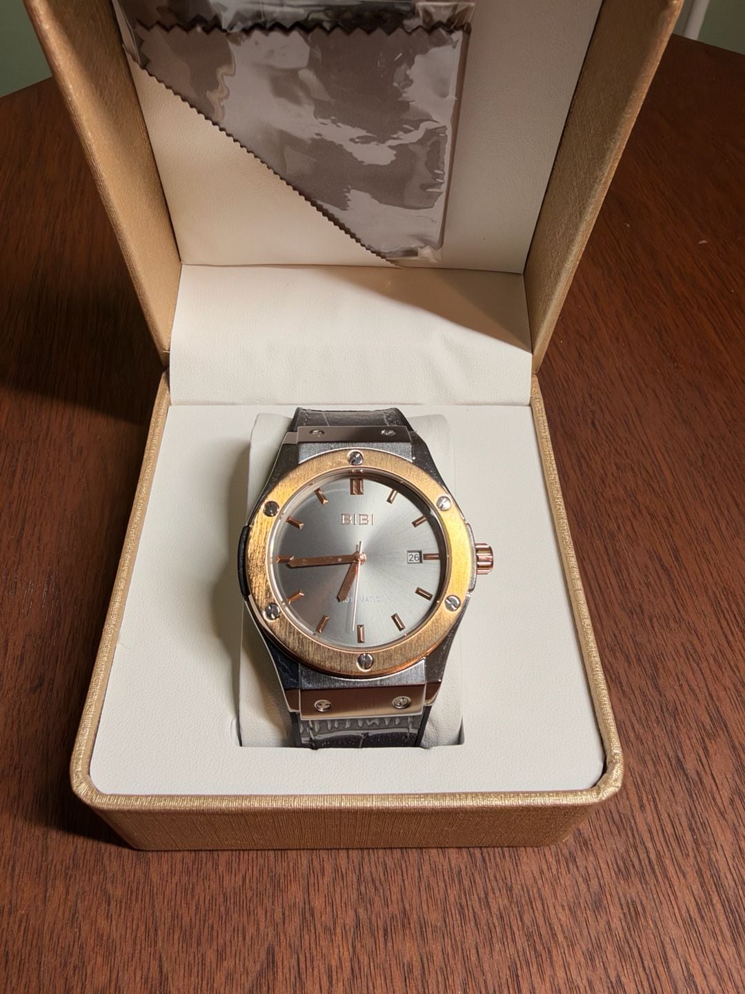 BIBI Automatic Watch Grey Dial Rose Gold Bezel Leather Strap 2