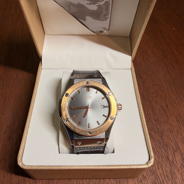 BIBI Automatic Watch Grey Dial Rose Gold Bezel Leather Strap