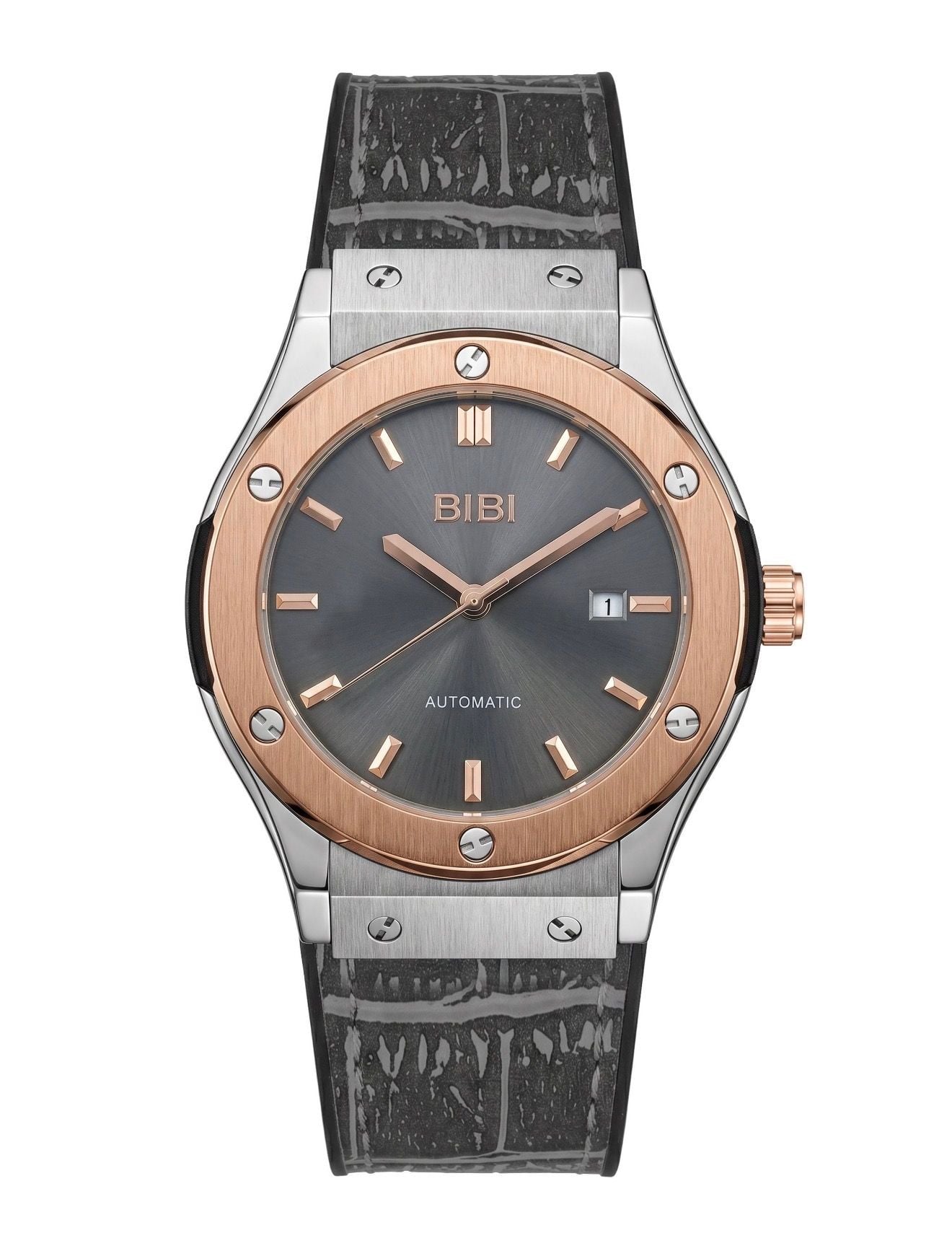 BIBI Automatic Watch Grey Dial Rose Gold Bezel Leather Strap 3
