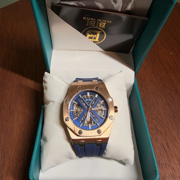 BIBI Luxury Automatic Skeleton Watch Rose Gold Tone Blue Silicone Band