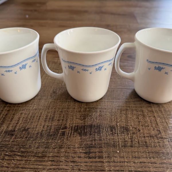 Corning Corelle Morning Blue Coffee Mugs Set of 3 Blue Floral USA Made
