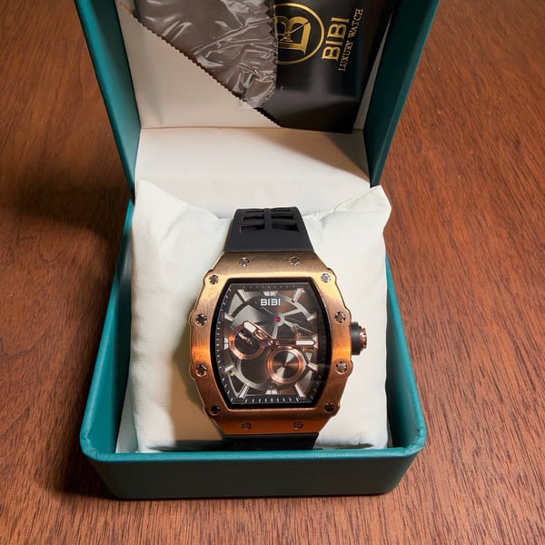 BiBi Luxury Watch Rose Gold Black Rubber Strap Chronograph