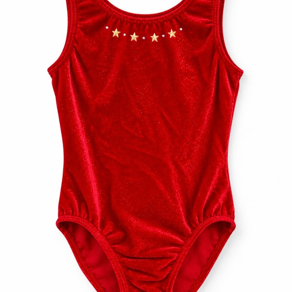 GK Elite Red Velvet Sparkle Gymnastics Leotard – Girls Large – Gold Stars