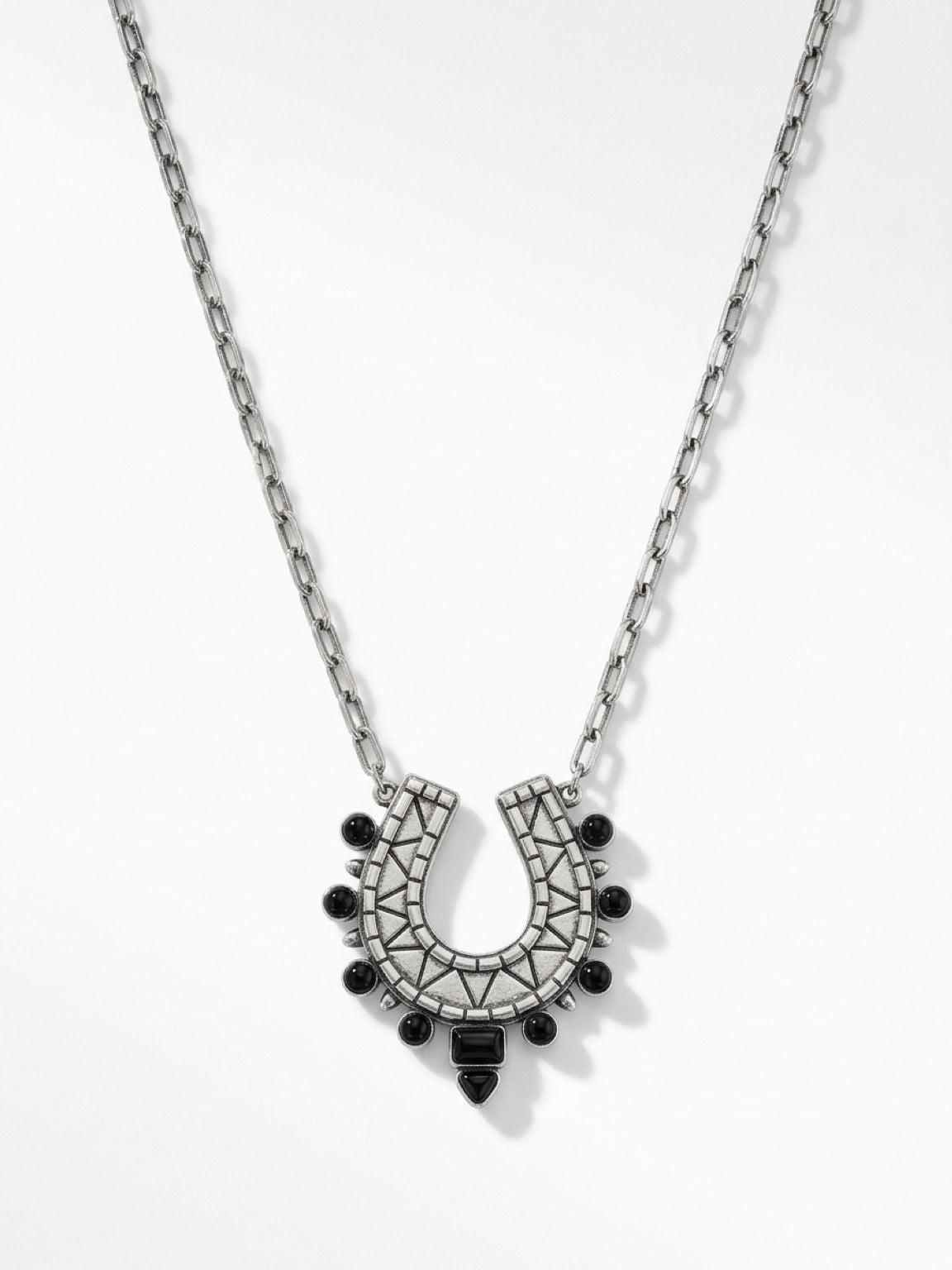 Free People Lucky Loop Necklace Silver Black Beaded Horseshoe Pendant 2