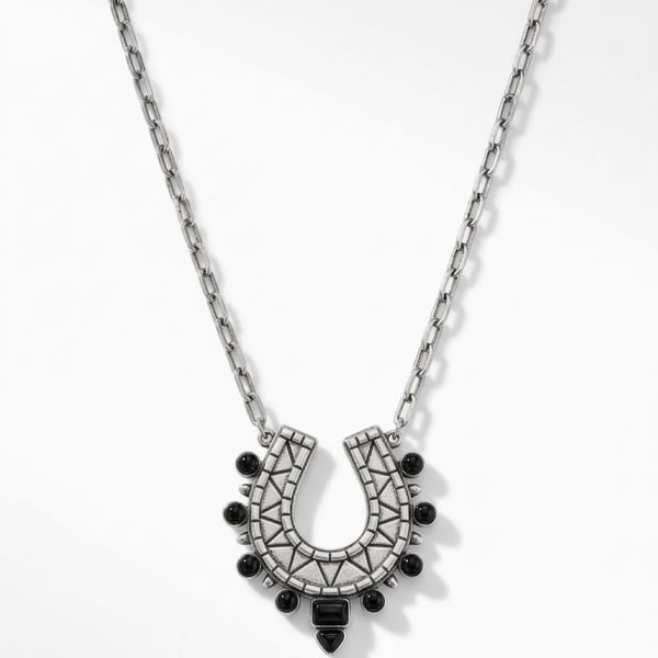 Free People Lucky Loop Necklace Silver Black Beaded Horseshoe Pendant