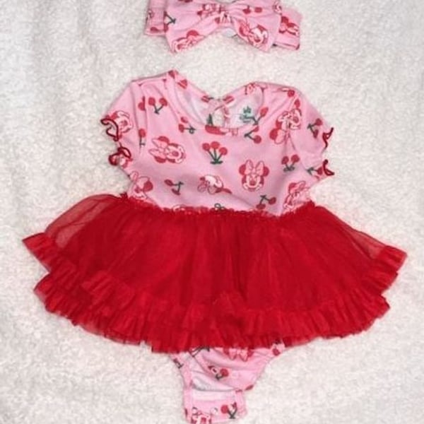 Disney Minnie Mouse Cherry Tutu Dress 3-6M Pink Red One Piece Outfit Set