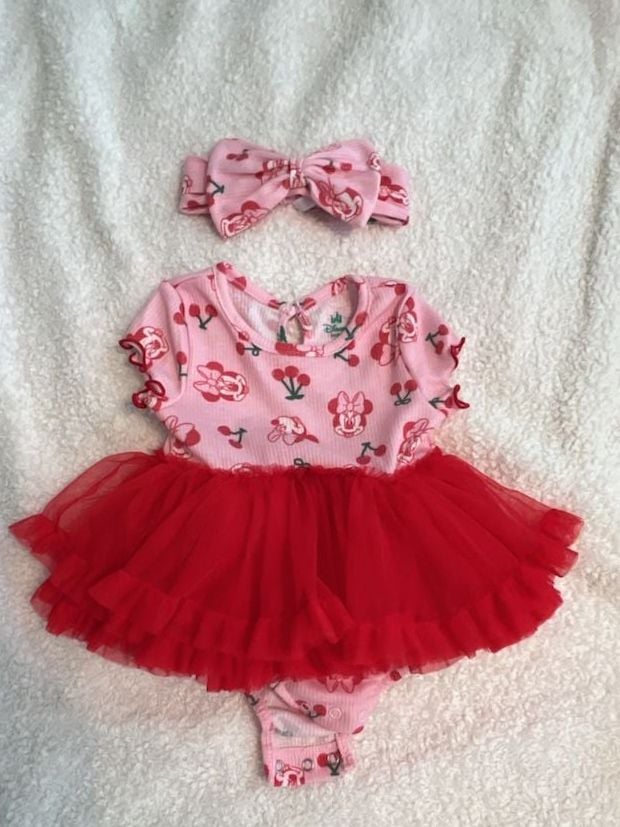 Disney Minnie Mouse Cherry Tutu Dress 3-6M Pink Red One Piece Outfit Set 2