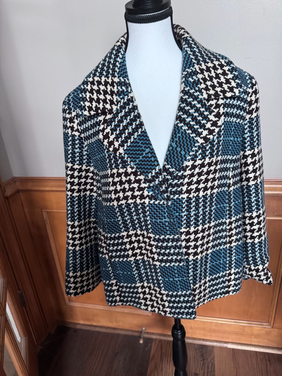 Josephine Chaus Women’s Size 12 Plaid Houndstooth Jacket Blazer Blue Black 2