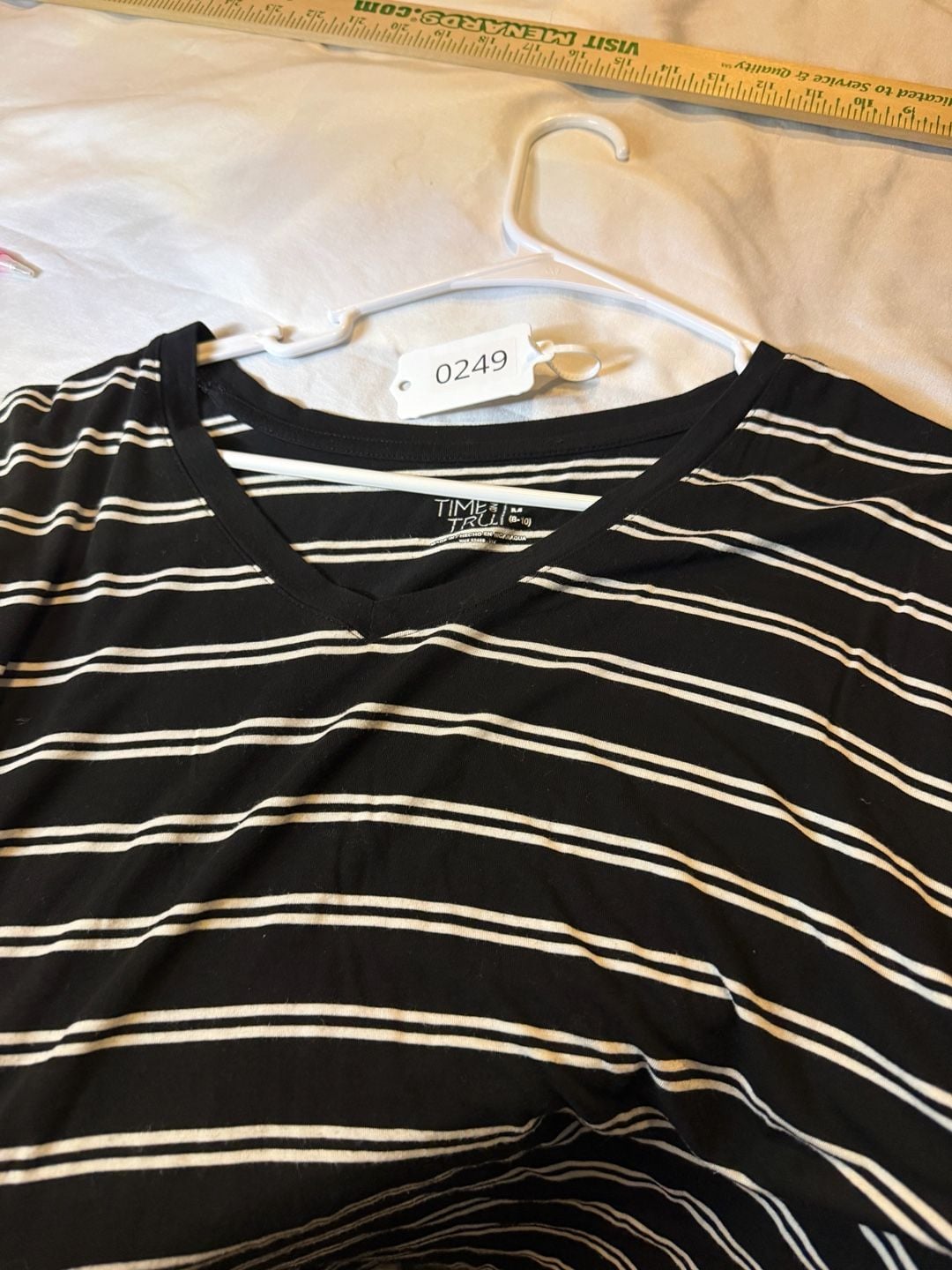 Time And Tru Striped V-Neck T-Shirt Size M (8-10) Black White Short Sleeve 12