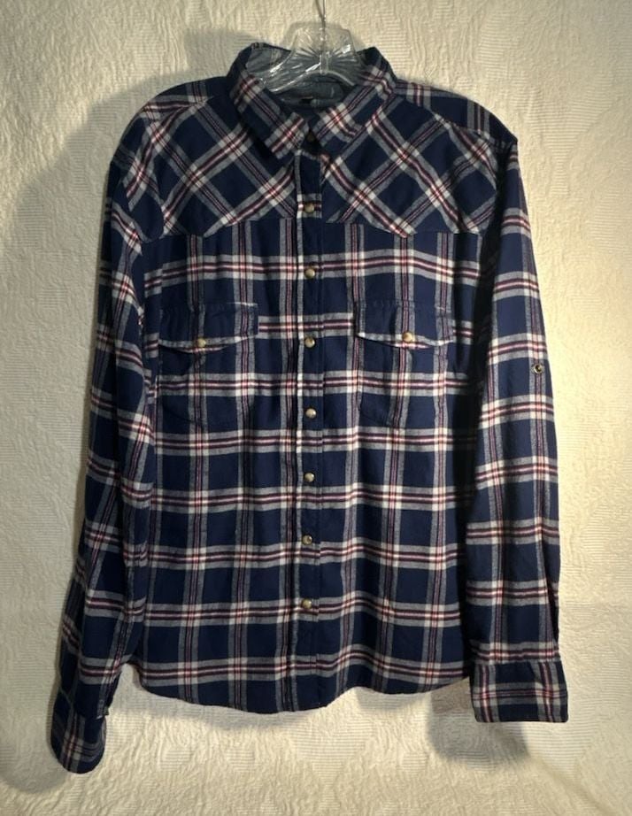 Jachs Girlfriend Blue Plaid Flannel Long Sleeve Shirt pearl snaps Size XL (323) 2