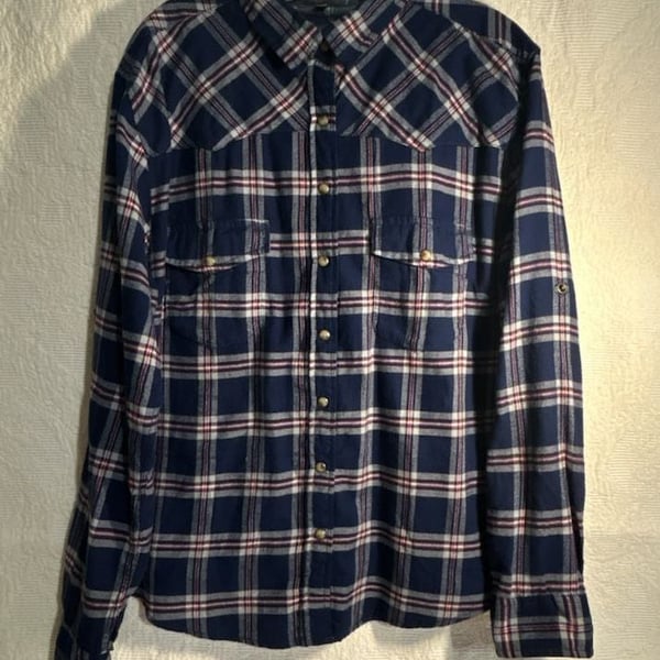 Jachs Girlfriend Blue Plaid Flannel Long Sleeve Shirt pearl snaps Size XL (323)