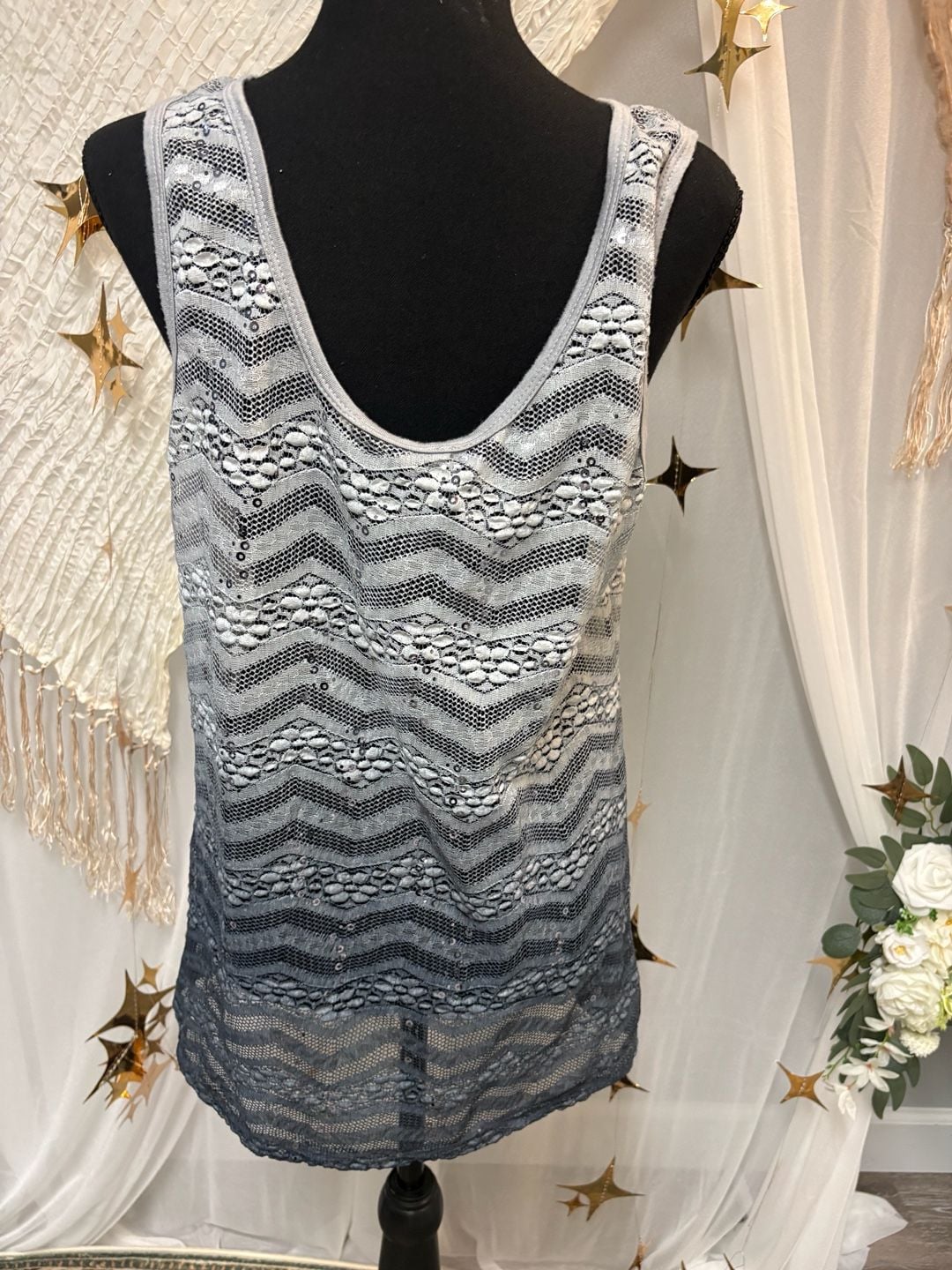 BKE Gray Ombré Lace Sequin Tank Top XL | Chevron Lace Boho Y2K Layering Tank 6