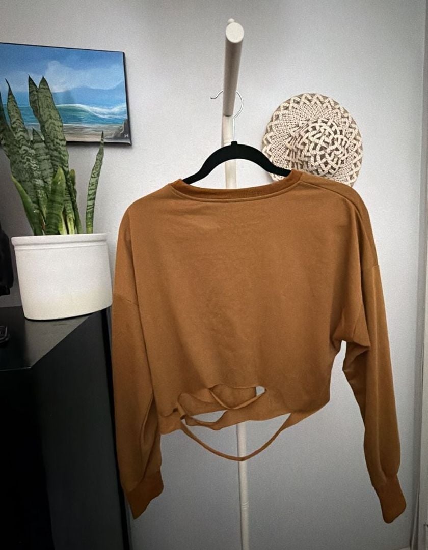 New Long Sleeve Crop T Shirt Distressed Ripped Cut Out Pure Color Casual Style 5