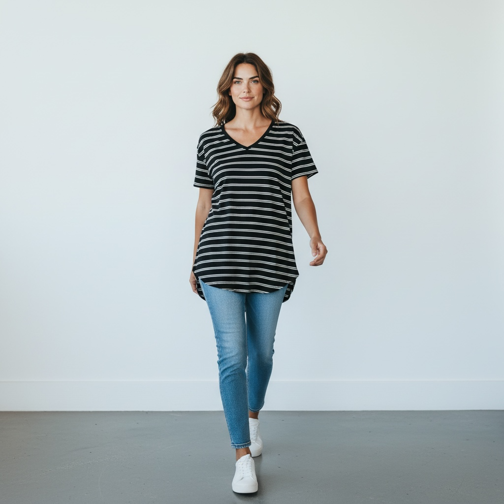 Time And Tru Striped V-Neck T-Shirt Size M (8-10) Black White Short Sleeve 2