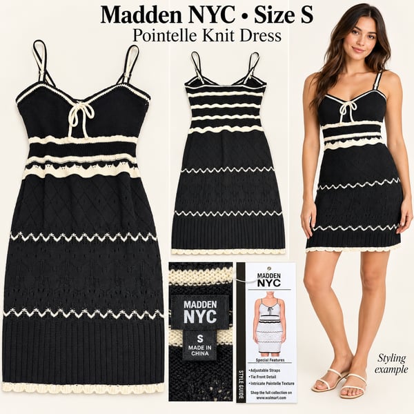 NWT Madden NYC Pointelle Knit Mini Dress Small Black Cream Tie Front Scallop Hem