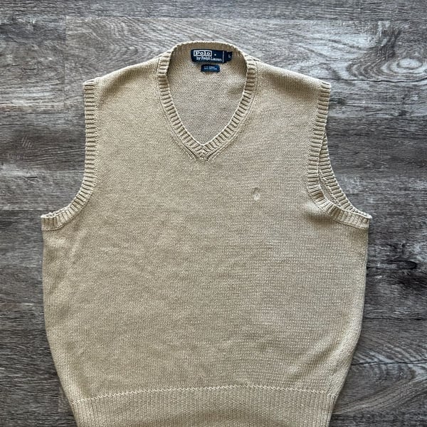 Polo By Ralph Lauren Sweater Vest Size L Tan Linen Cotton V-Neck