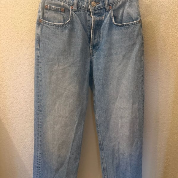 Zara Light Blue Distressed Raw Hem Cropped Straight Leg Jeans Size 4
