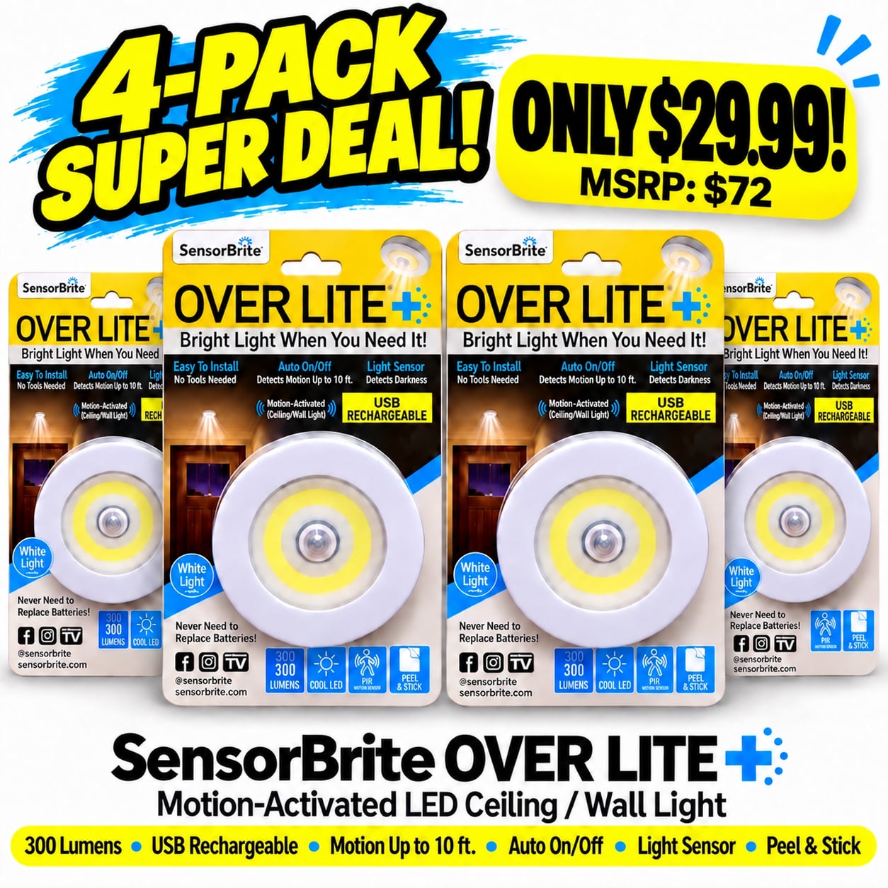 4PK SensorBrite Over Lite+ 300LM Motion Sensor USB Rechargeable LED Lights 1