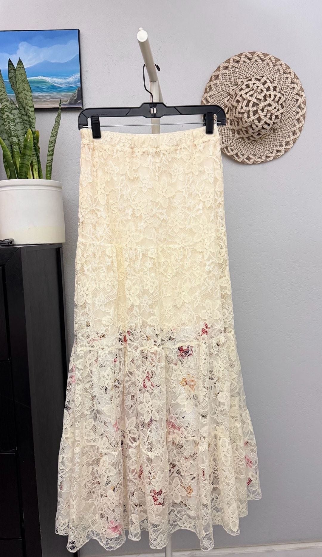 Vigoss Lace Maxi Skirt Ivory XS Tiered Floral Panel 2