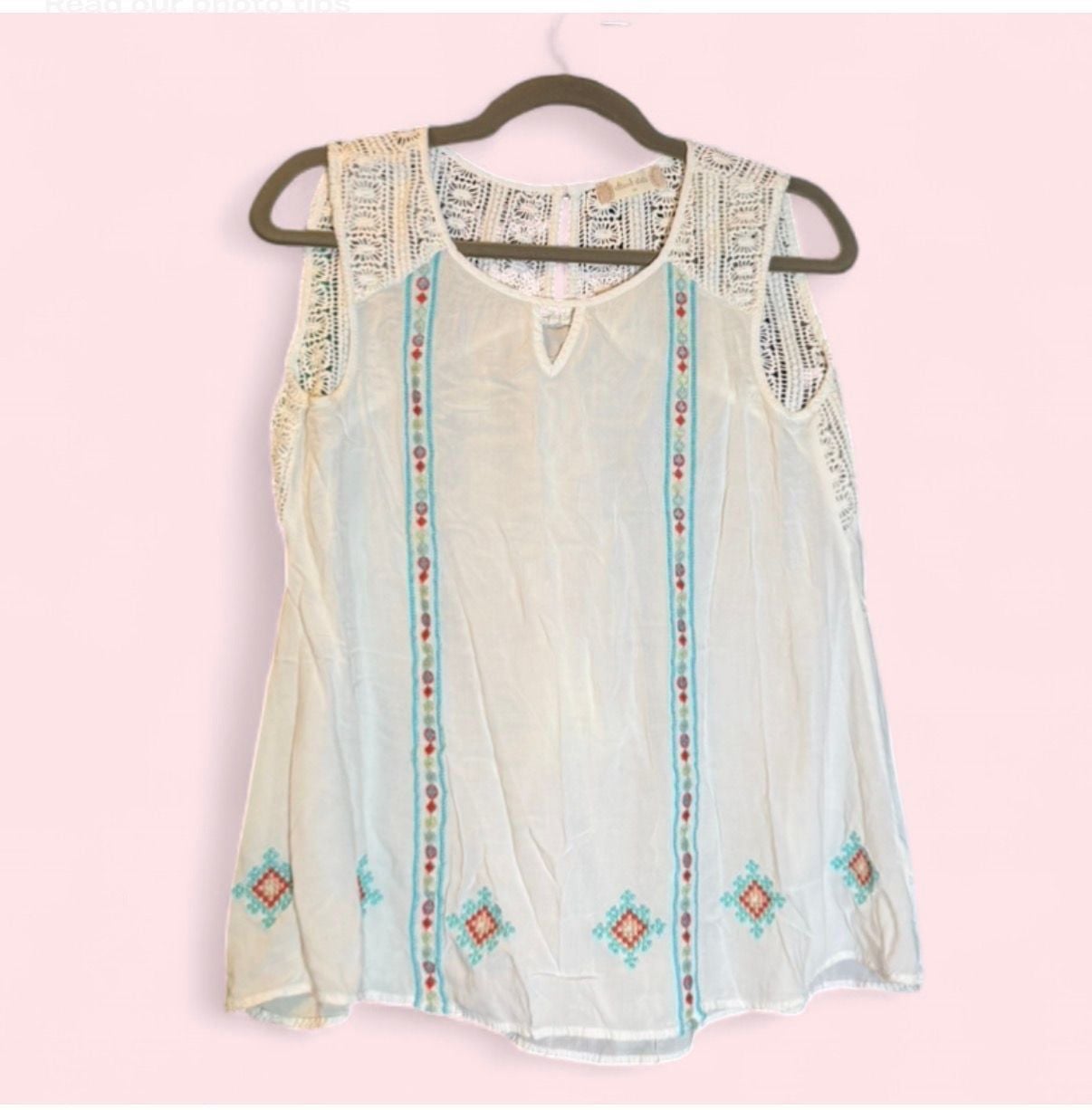 Altar'd State Boho Embroidered Sleeveless Top with Crochet Lace Trim 2