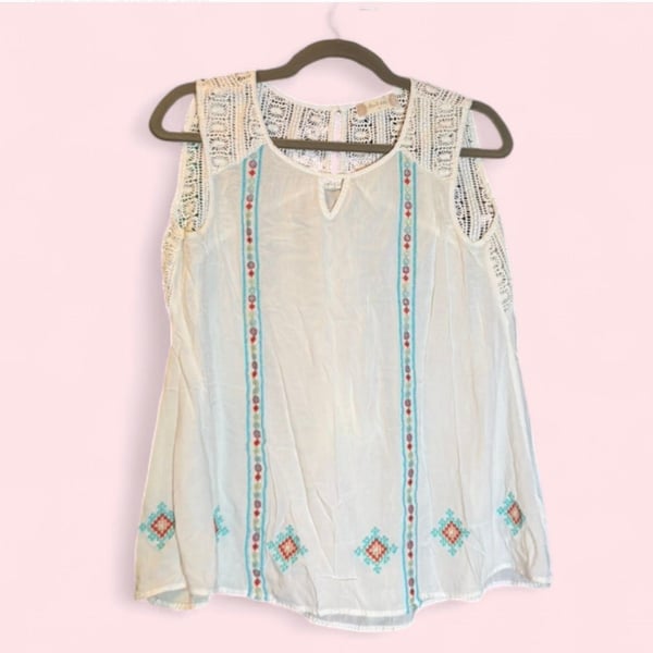 Altar'd State Boho Embroidered Sleeveless Top with Crochet Lace Trim