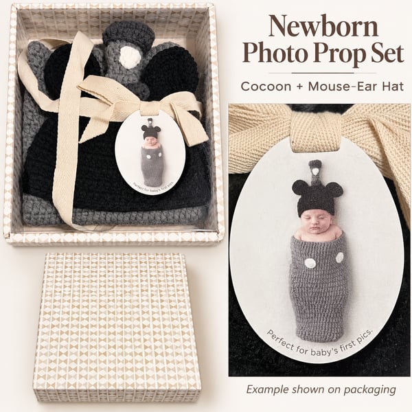 Newborn Crochet Photo Prop Set Gray Cocoon & Black Mouse Ear Hat Gift Box