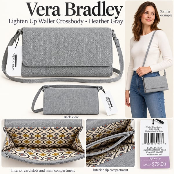 NWT Vera Bradley Lighten Up Wallet Crossbody Medium Heather Gray Bag