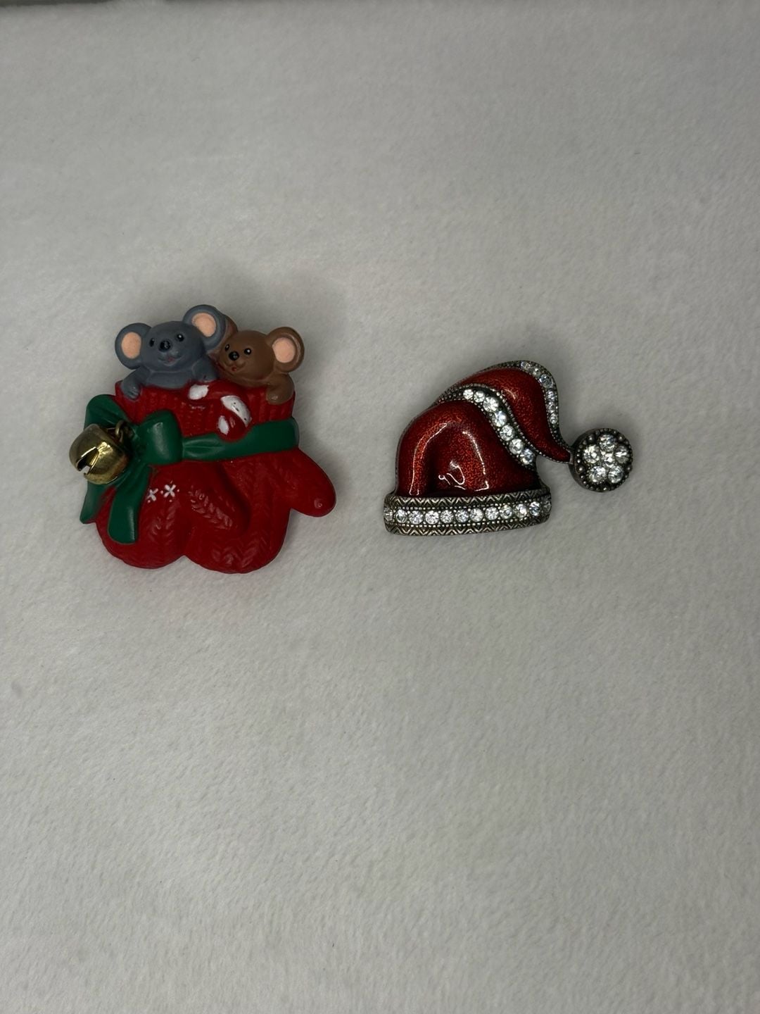 Christmas Brooch Pin Lot of 2 Red Rhinestone Santa Hat Mice Mittens Jingle Bell 1