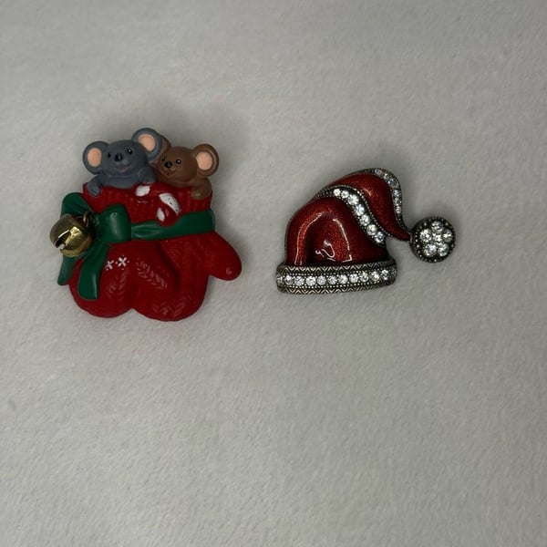 Christmas Brooch Pin Lot of 2 Red Rhinestone Santa Hat Mice Mittens Jingle Bell