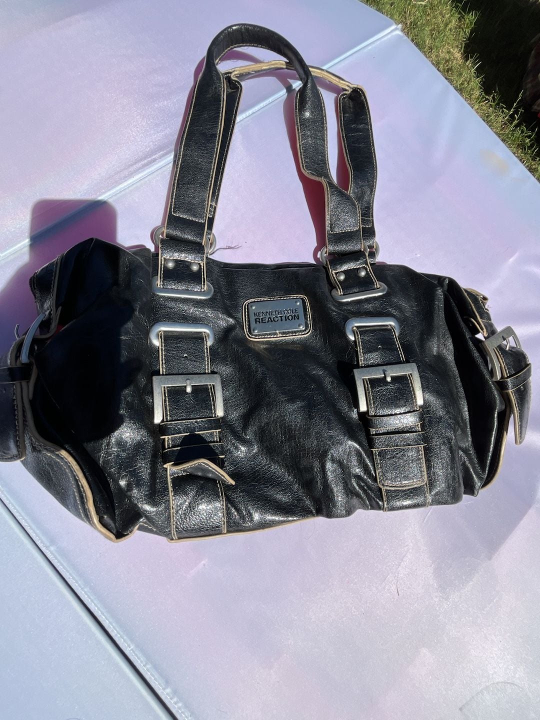 Kenneth Cole Reaction Black Faux Leather Buckle Shoulder Handbag 3