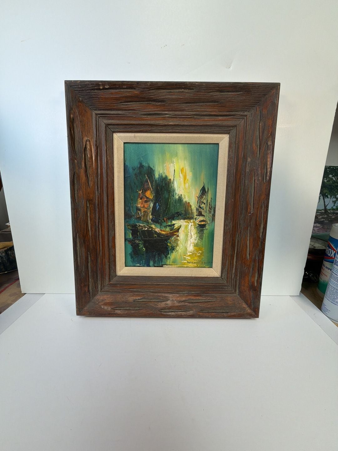 H Kanisch Vintage Mid-Century Oil Painting Chinese Junk Boats Signed 1