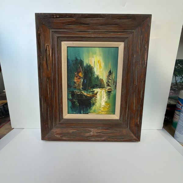 H Kanisch Vintage Mid-Century Oil Painting Chinese Junk Boats Signed