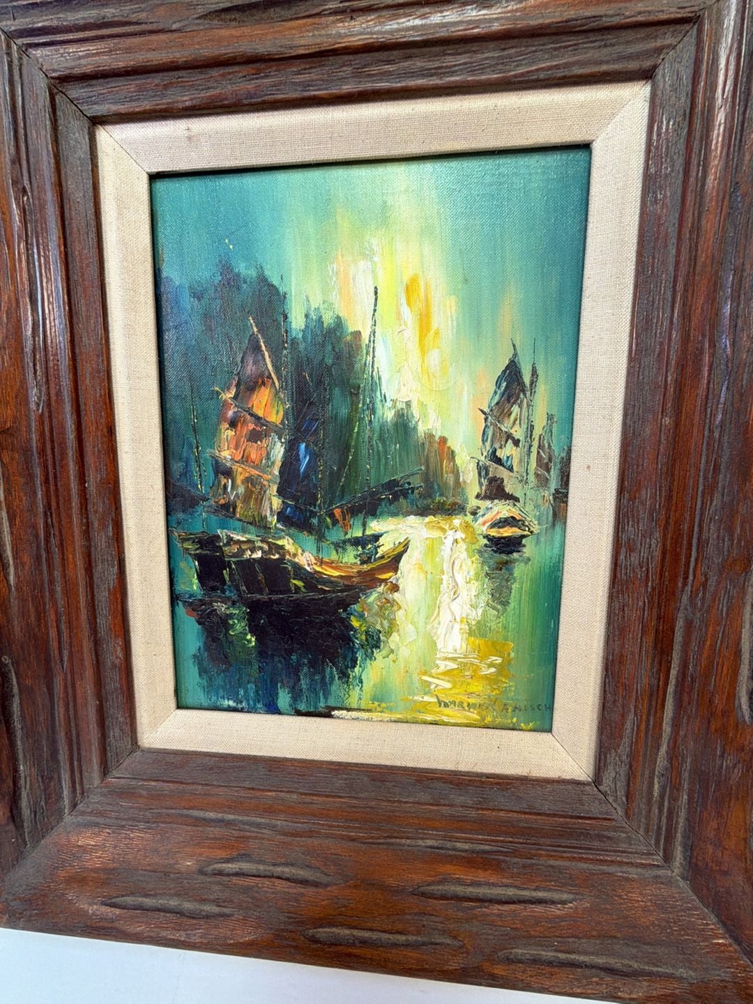 H Kanisch Vintage Mid-Century Oil Painting Chinese Junk Boats Signed 2