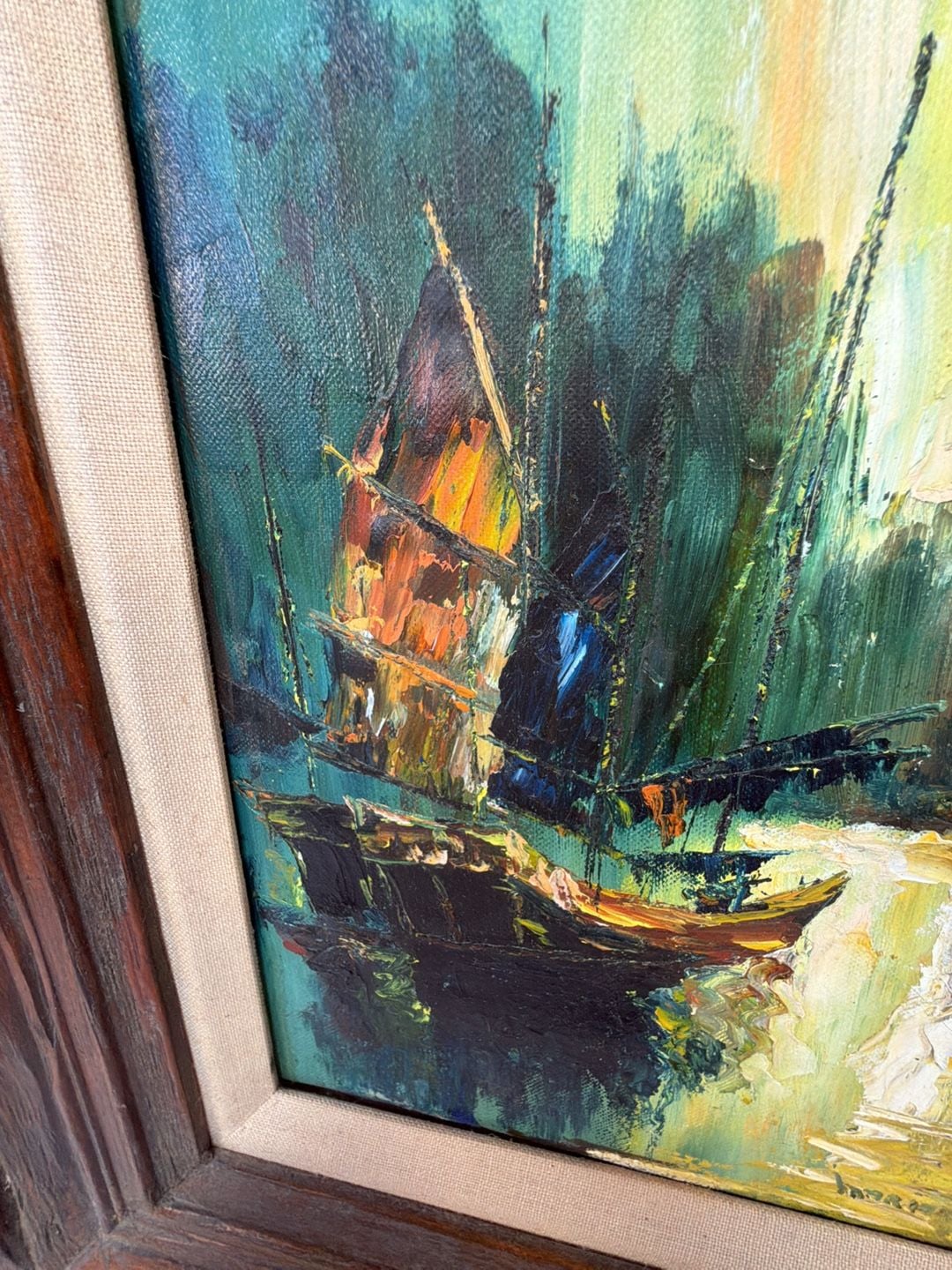 H Kanisch Vintage Mid-Century Oil Painting Chinese Junk Boats Signed 4