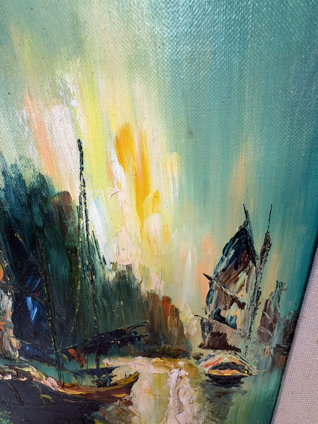 H Kanisch Vintage Mid-Century Oil Painting Chinese Junk Boats Signed 5