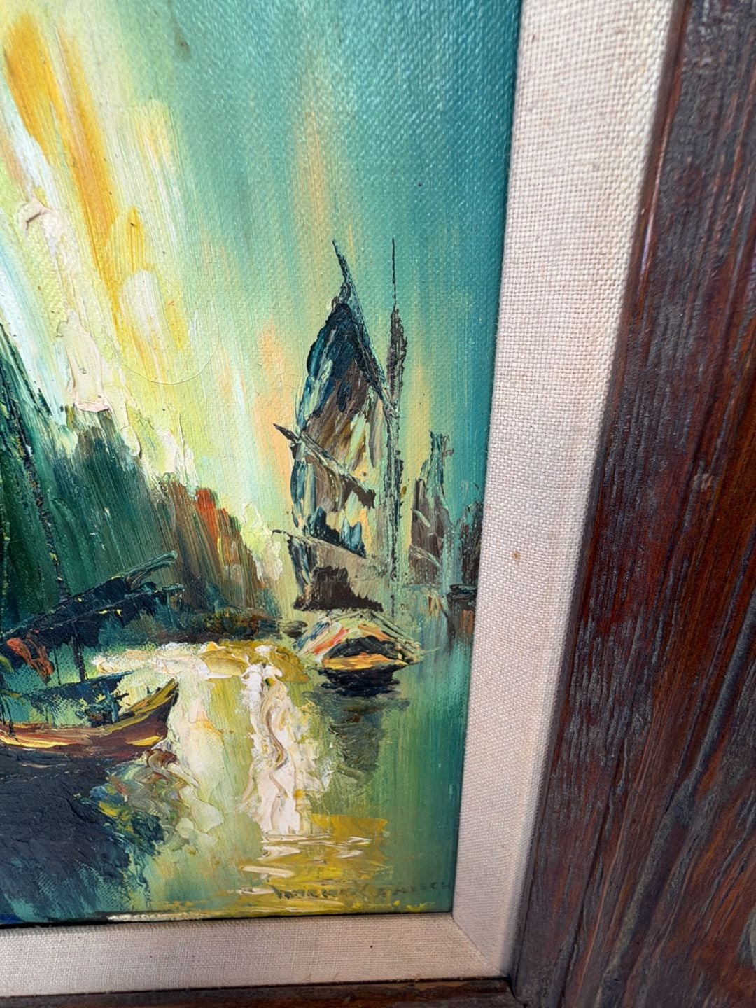 H Kanisch Vintage Mid-Century Oil Painting Chinese Junk Boats Signed 6