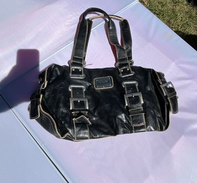 Kenneth Cole Reaction Black Faux Leather Buckle Shoulder Handbag 2