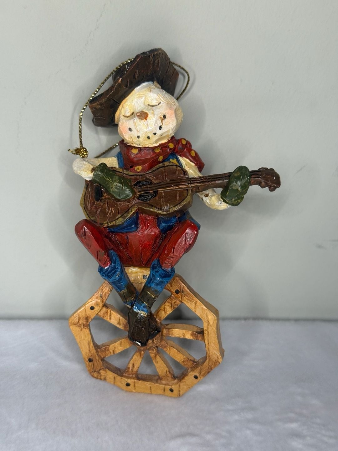 Vintage Cowboy Guitarist Figurine Ornament on Wagon Wheel Base 1