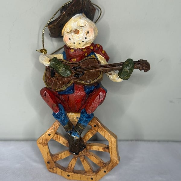 Vintage Cowboy Guitarist Figurine Ornament on Wagon Wheel Base