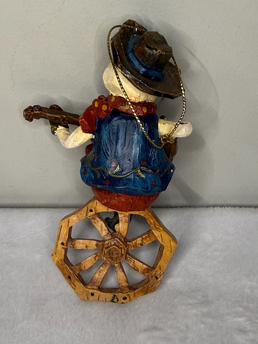 Vintage Cowboy Guitarist Figurine Ornament on Wagon Wheel Base 2