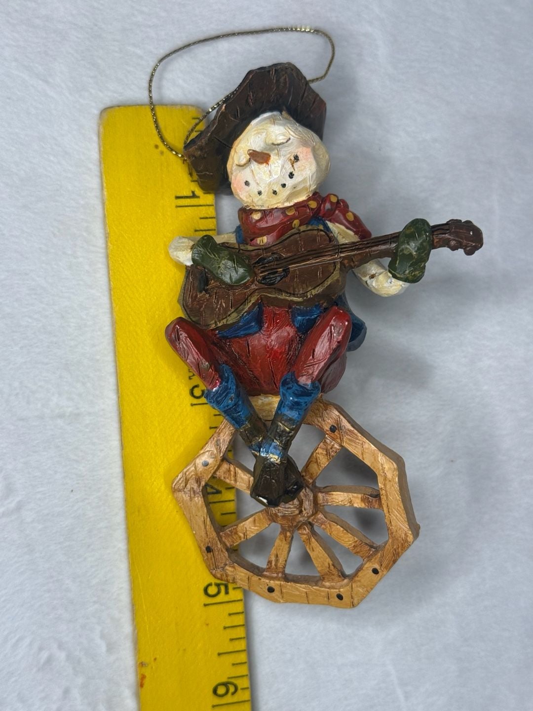 Vintage Cowboy Guitarist Figurine Ornament on Wagon Wheel Base 3
