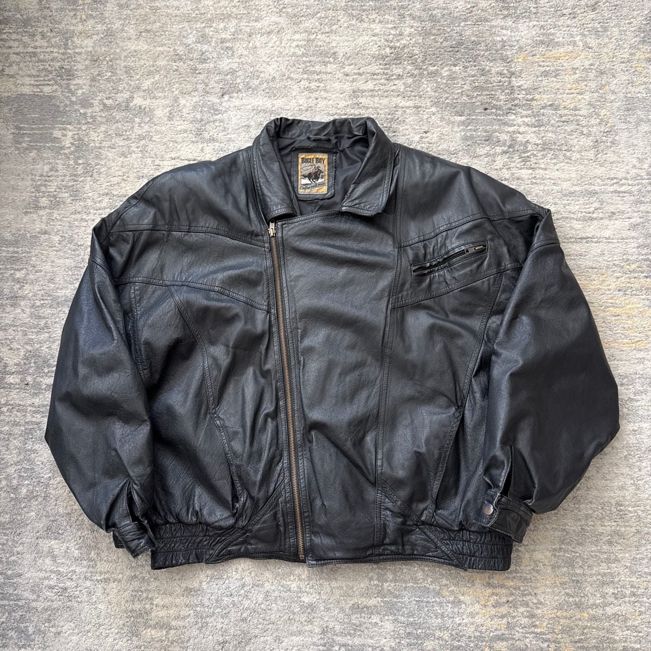 Vintage 90s Bugle Boy Black Genuine Leather Bomber Jacket Size Large 2