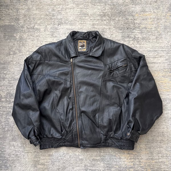 Vintage 90s Bugle Boy Black Genuine Leather Bomber Jacket Size Large