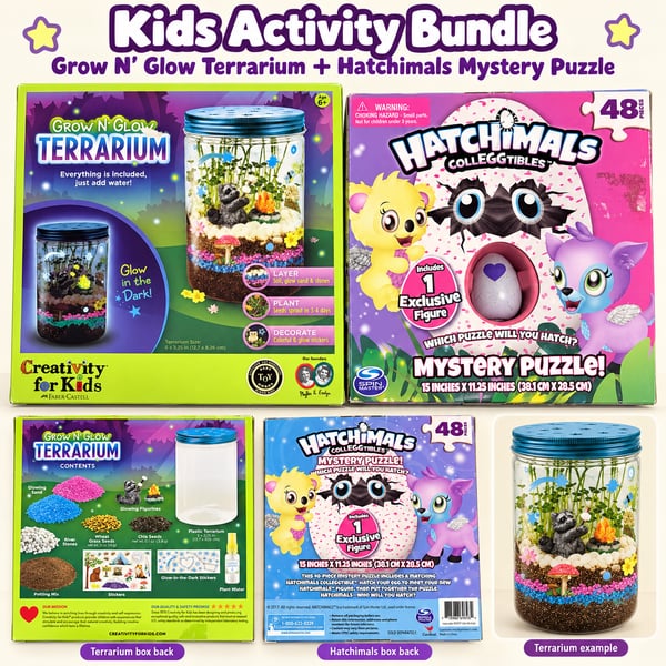Kids Activity Set Grow N Glow Terrarium Kit + Hatchimals 48 Piece Mystery Puzzle